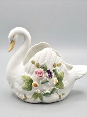 Lefton Bisque Porcelain Swan Floral Planter KW3782 Hand Painted Vintage 50s 60s